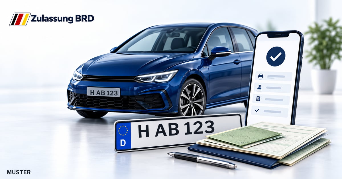Online Fahrzeugzulassung in Wedemark: Musterkennzeichen H AB 123, Auto und Fahrzeugpapiere und Smartphone. Illustration mit Logo von Zulassung BRD.